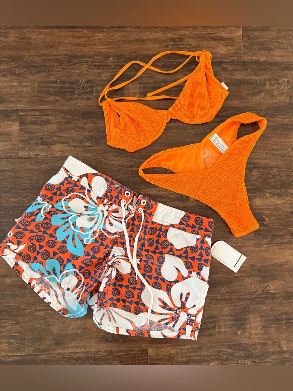 Hollister Orange Textured Bikini Set with Floral Swim Shorts Size S